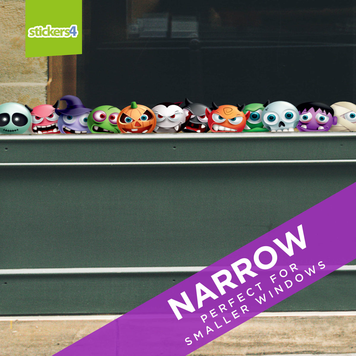 Row of colorful monster-themed halloween window stickers on a narrow ledge with &#39;stickers4&#39; branding.