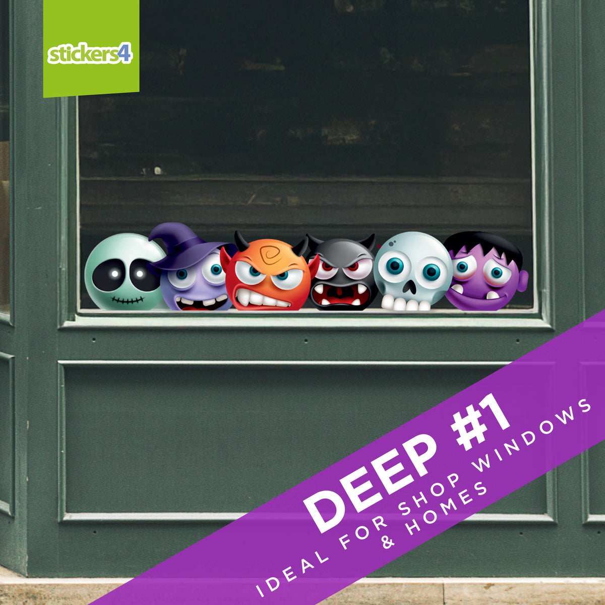 Monster-shaped window stickers on a shop window with &#39;stickers4&#39; branding.