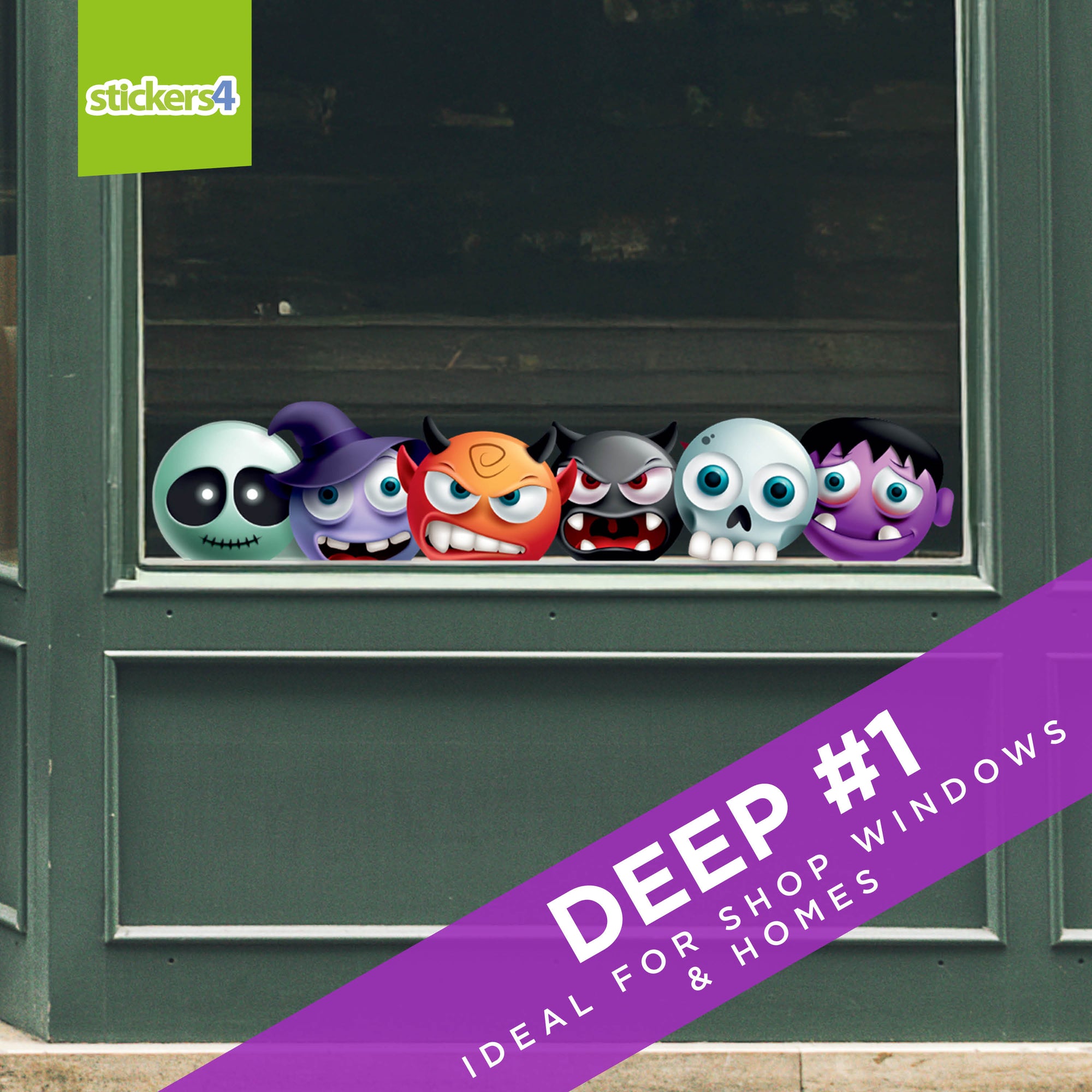 Halloween-themed border stickers with various characters on a gradient background, featuring the brand 'stickers4'.
