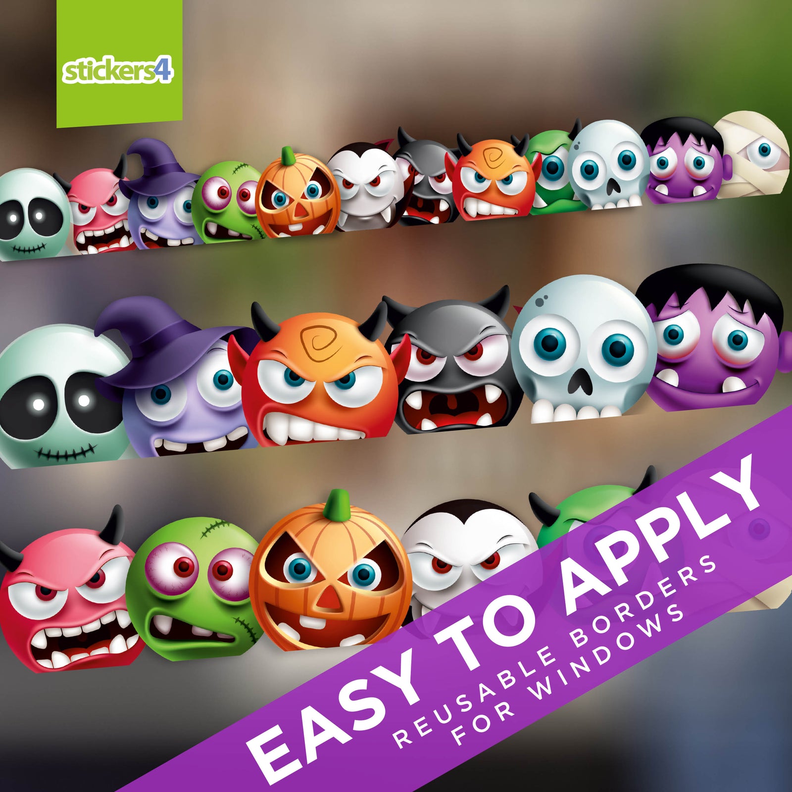 Halloween-themed border stickers with various characters on a gradient background, featuring the brand 'stickers4'.