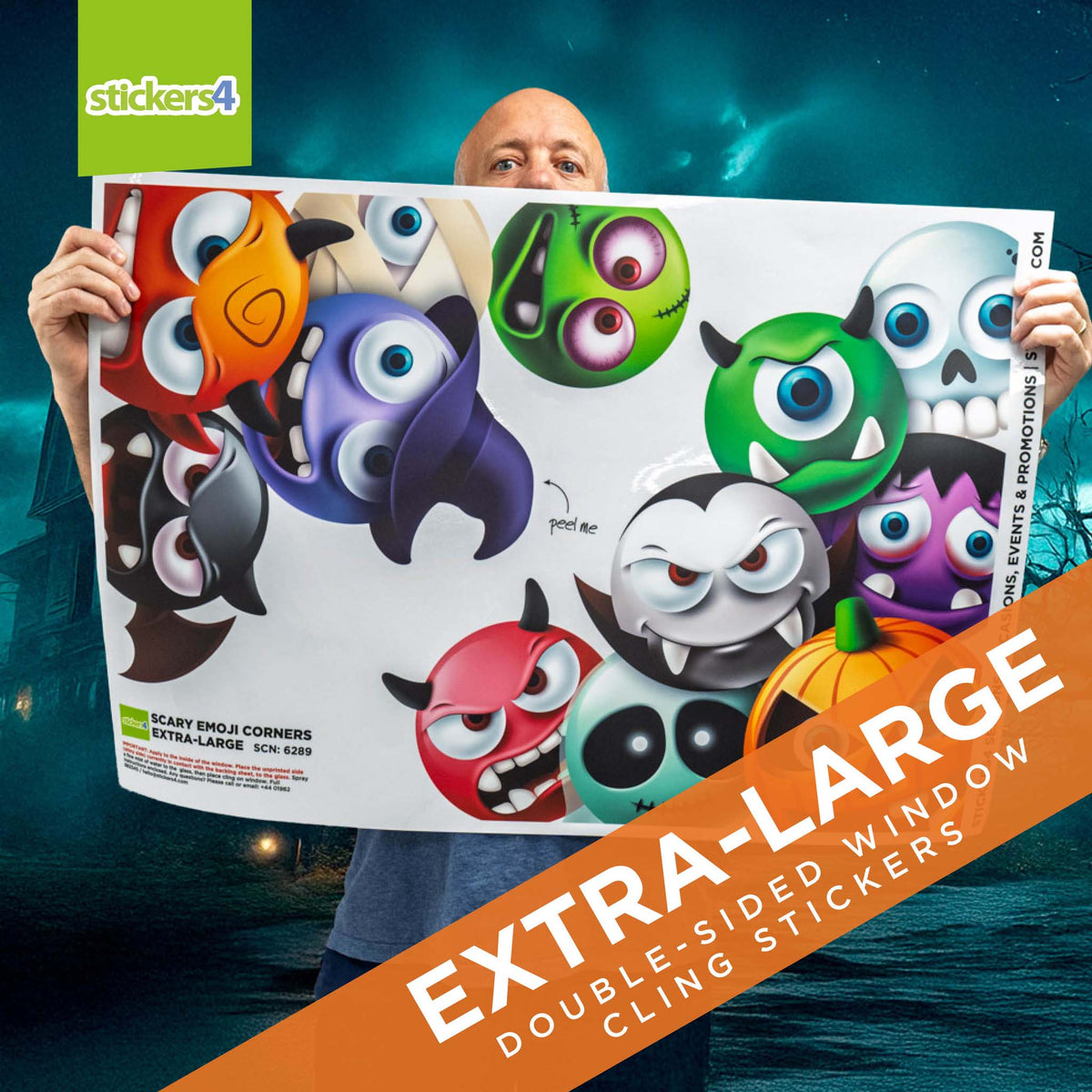 Person holding a large sheet of colorful monster stickers with &#39;stickers4&#39; branding.