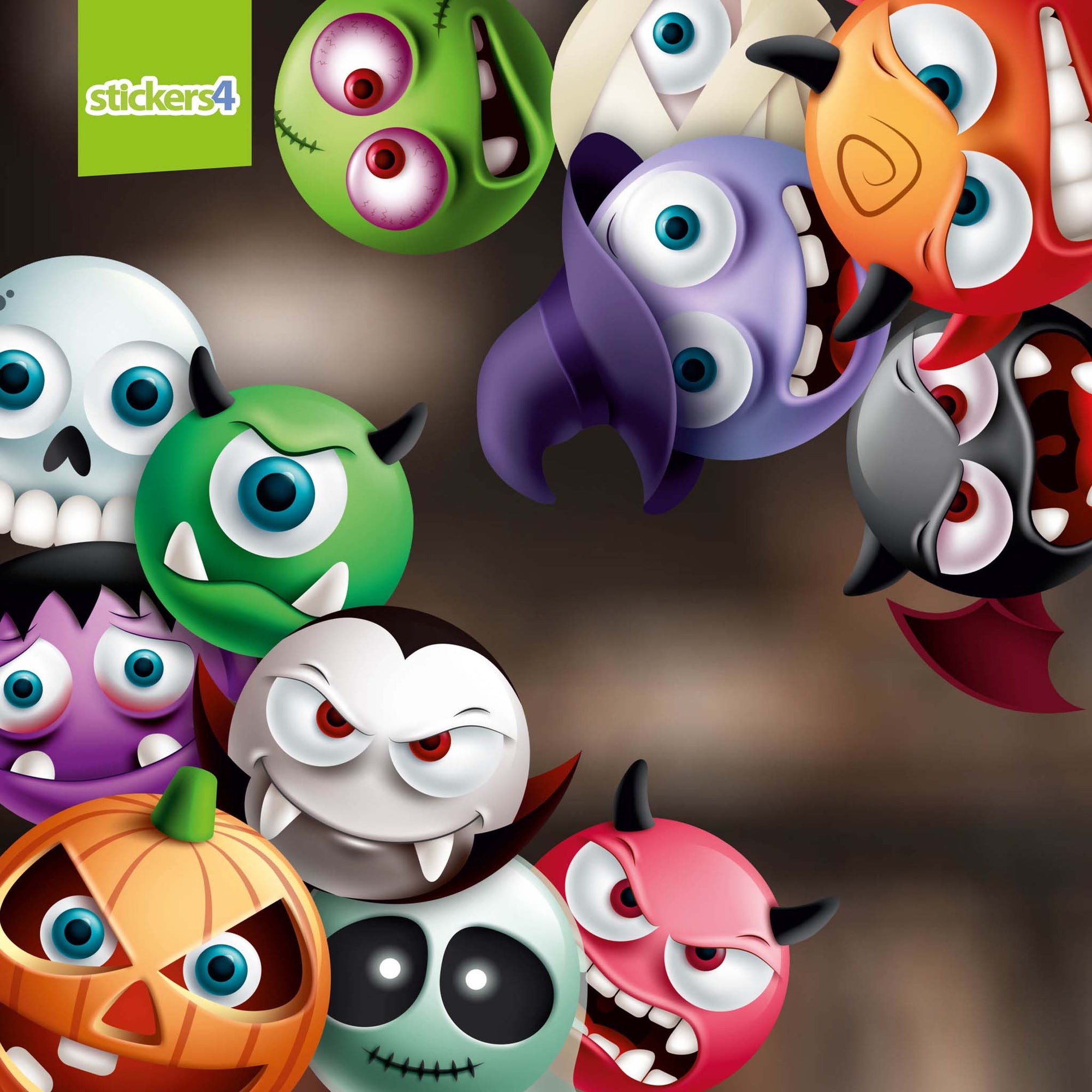 Halloween-themed window stickers with colourful monsters and pumpkins. Halloween decorations by 'stickers4'.