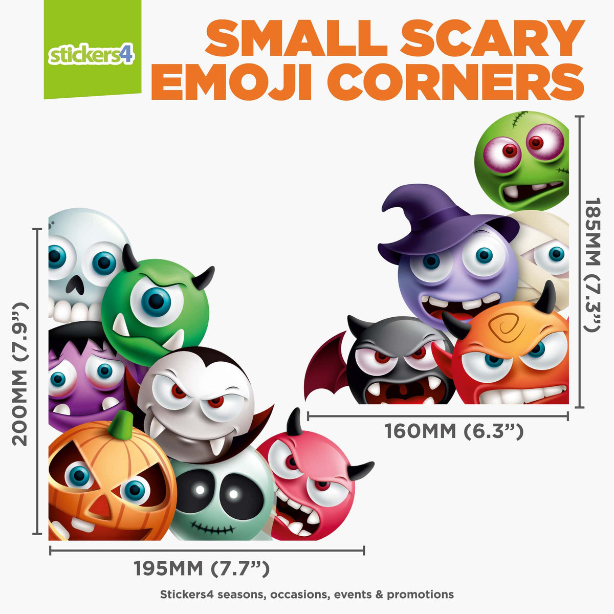 Halloween-themed stickers with emoji designs on a white background, featuring dimensions and &#39;stickers4&#39; branding.