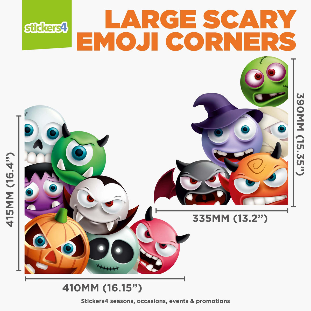 Large Halloween-themed stickers with emoji designs on a white background, featuring dimensions and &#39;stickers4&#39; branding.