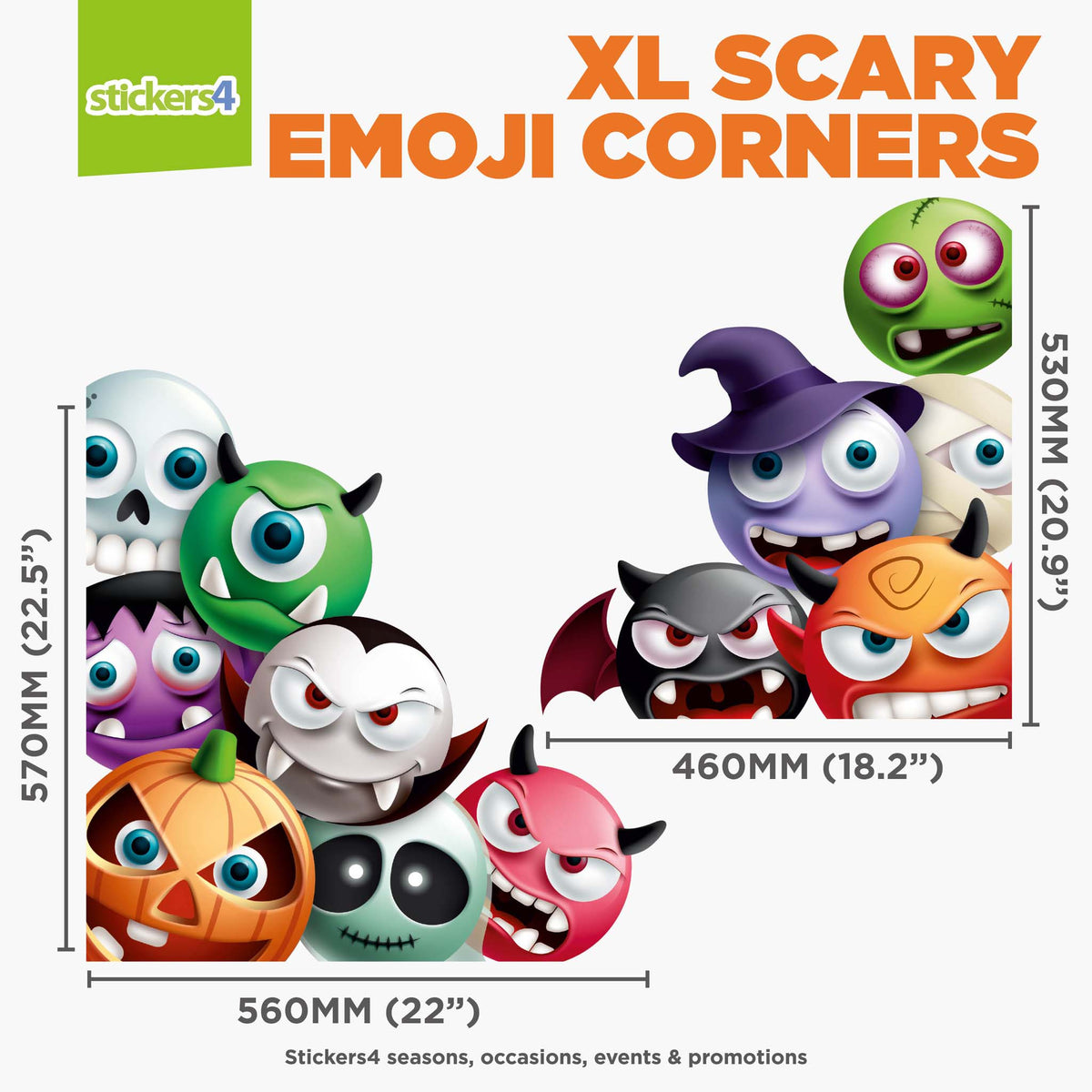 Packaging of XL Scary Emoji Corners with Halloween-themed emojis and dimensions.