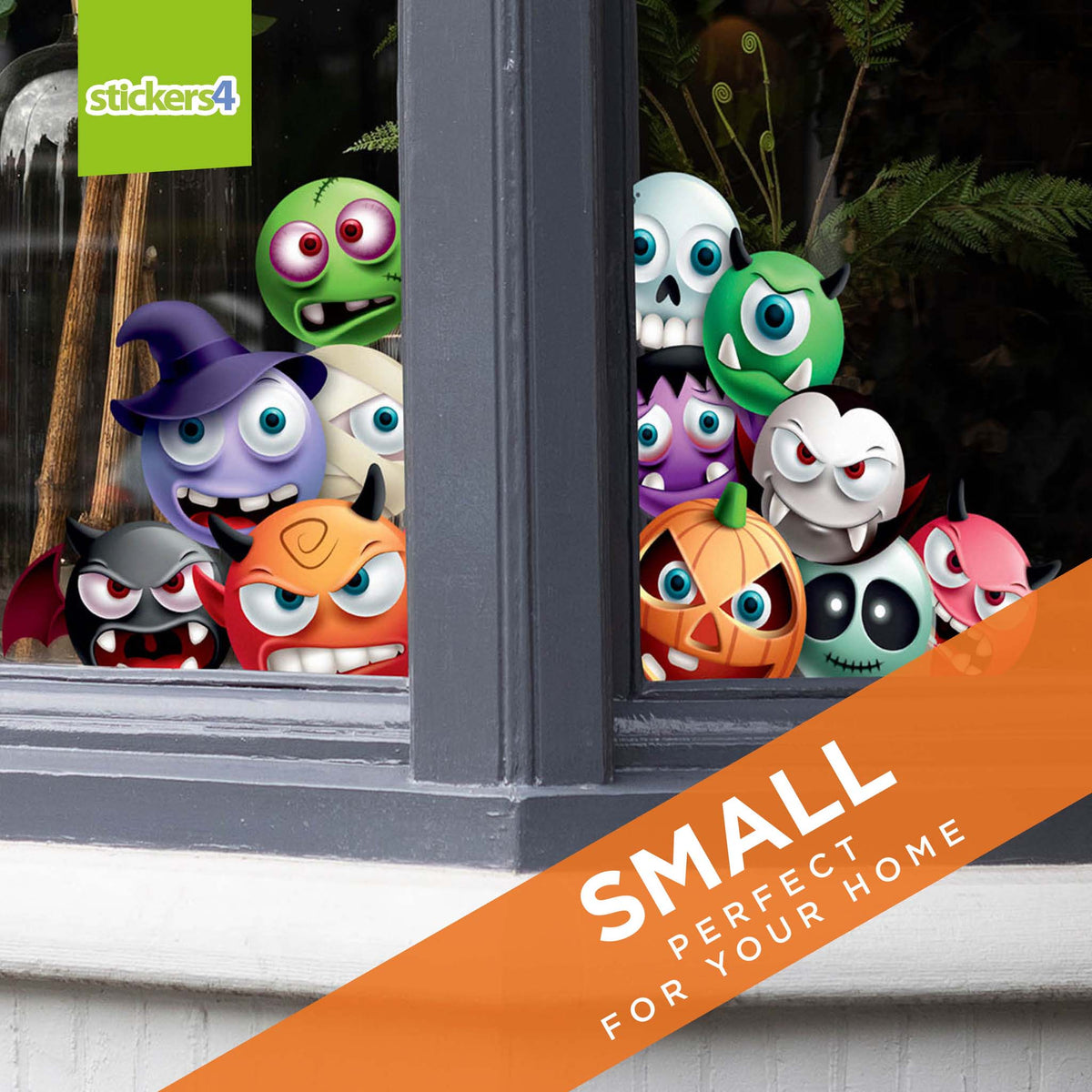 Halloween-themed window stickers with colourful monsters and pumpkins on a glass door, featuring &#39;stickers4&#39; branding.