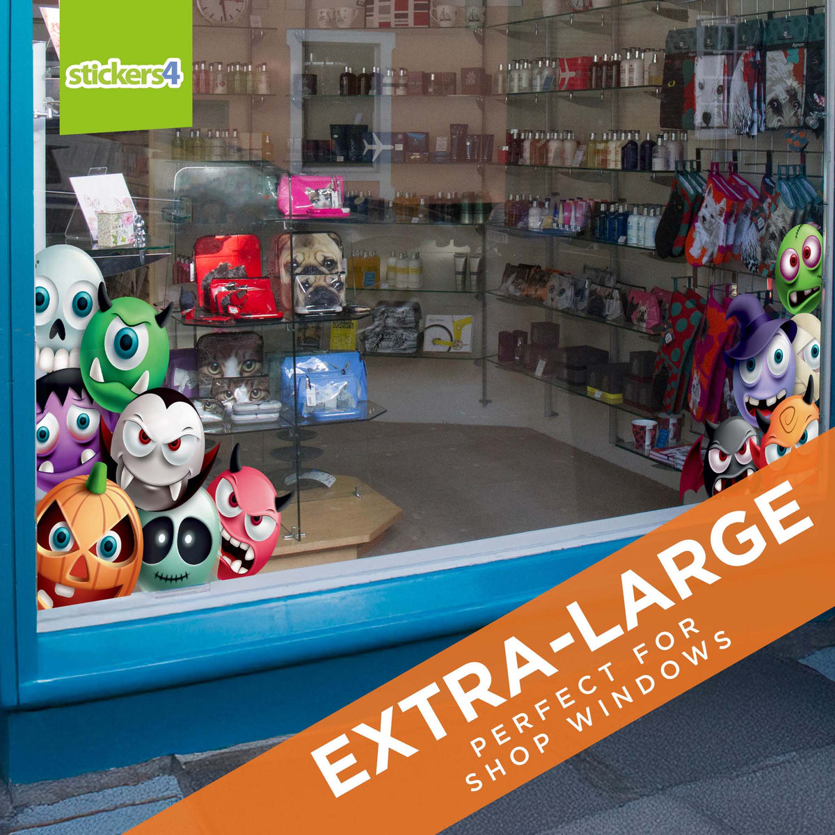 Display of colorful monster-themed stickers in a shop window with &#39;stickers4&#39; branding.