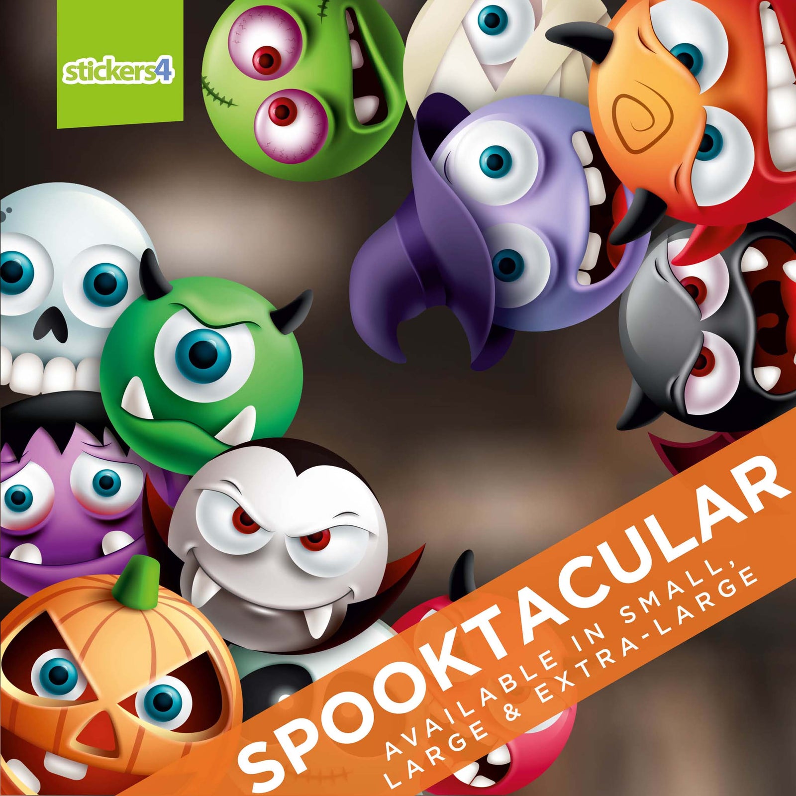 Halloween-themed window stickers with colourful monsters and pumpkins. Halloween decorations by 'stickers4'.