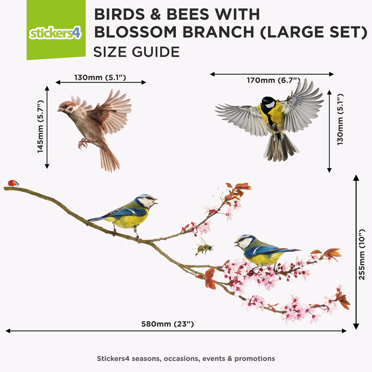 Birds &amp; Bees with Blossom Branches (Large Set) Decorative Bird Strike Prevention