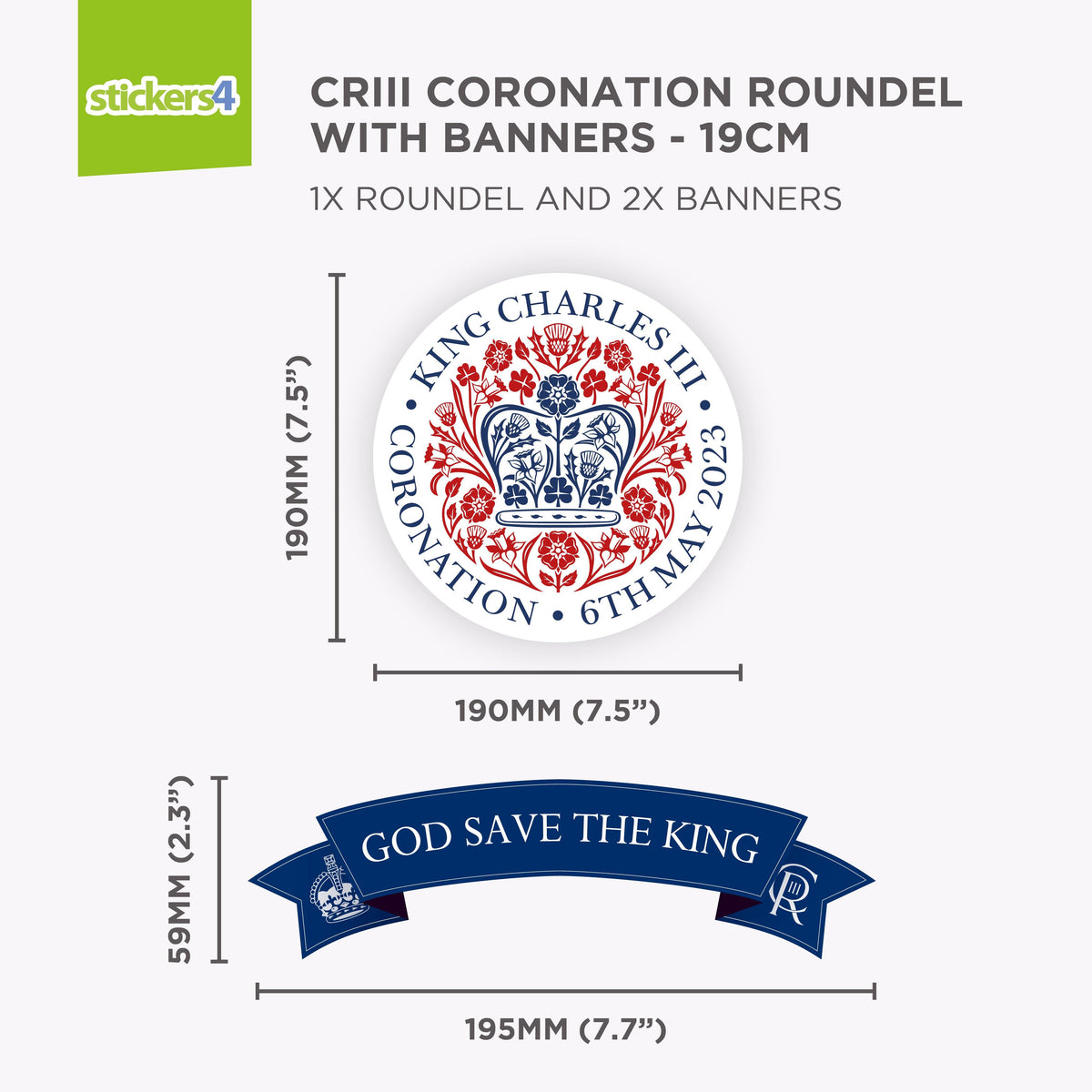 King Charles III Coronation Window Sticker Decoration - Official Logo Emblem Roundel with Banners Retail Window Display