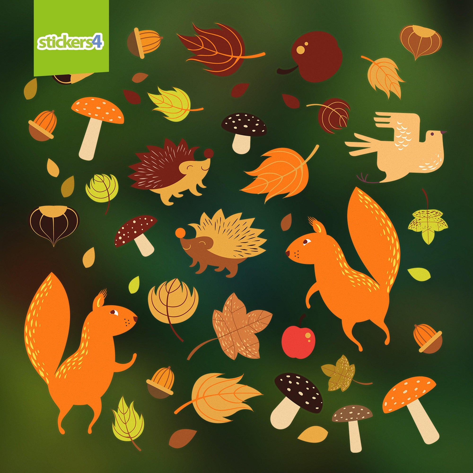 Autumn Woodland Pack of Animals, Nuts, Leaves & Mushroom Window Stickers Autumn Window Display