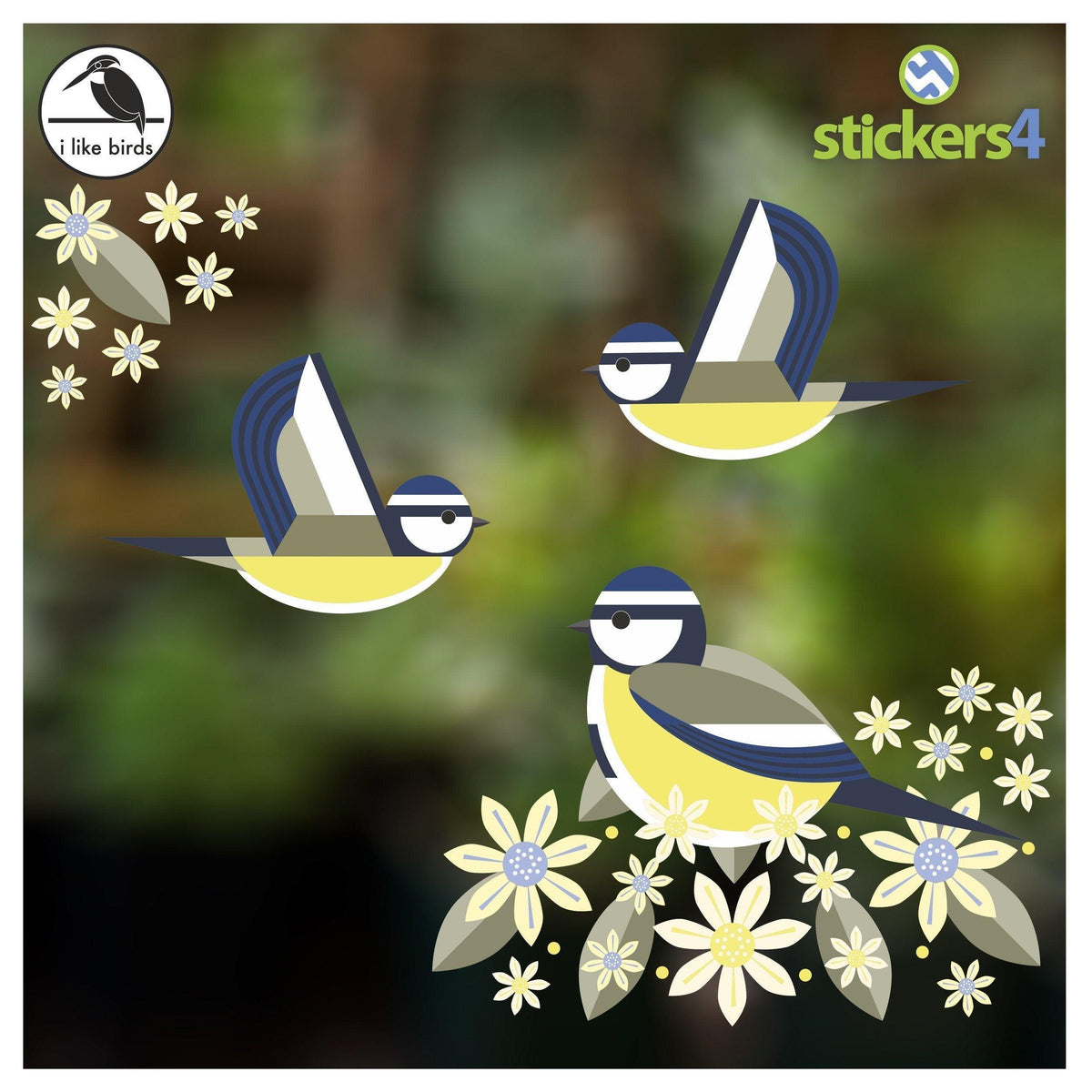 Birds &amp; Blooms - Blue Tits set of static cling window stickers Decorative Bird Strike Prevention
