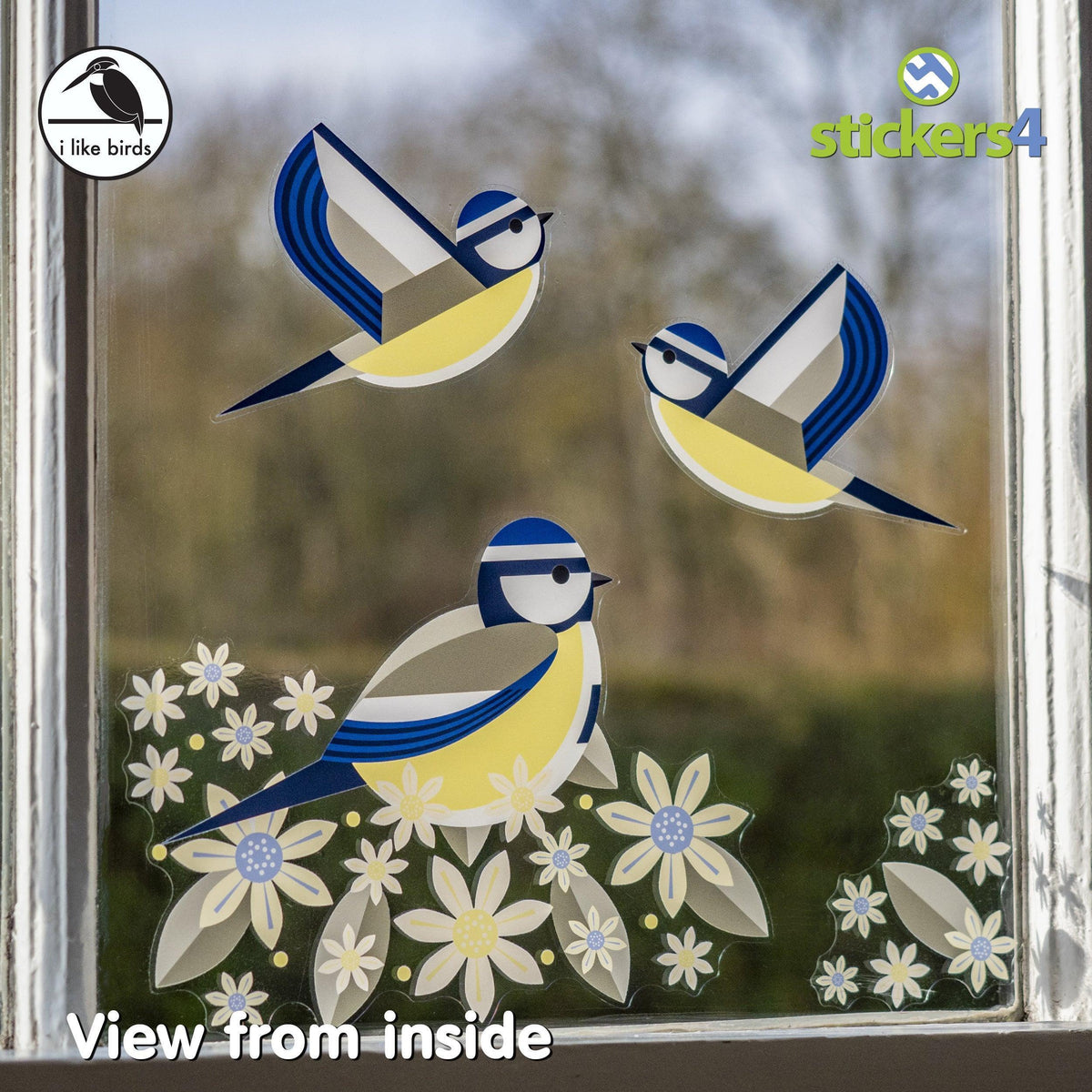 Birds &amp; Blooms - Blue Tits set of static cling window stickers Decorative Bird Strike Prevention