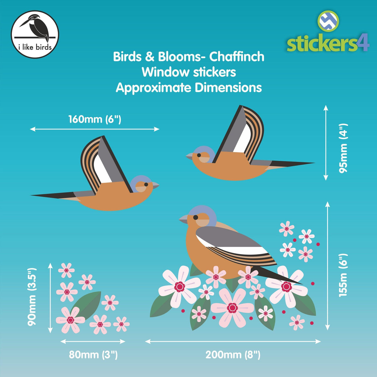 Birds &amp; Blooms - Chaffinch set of static cling window stickers Decorative Bird Strike Prevention