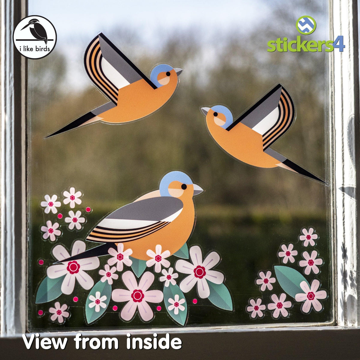 Birds &amp; Blooms - Chaffinch set of static cling window stickers Decorative Bird Strike Prevention
