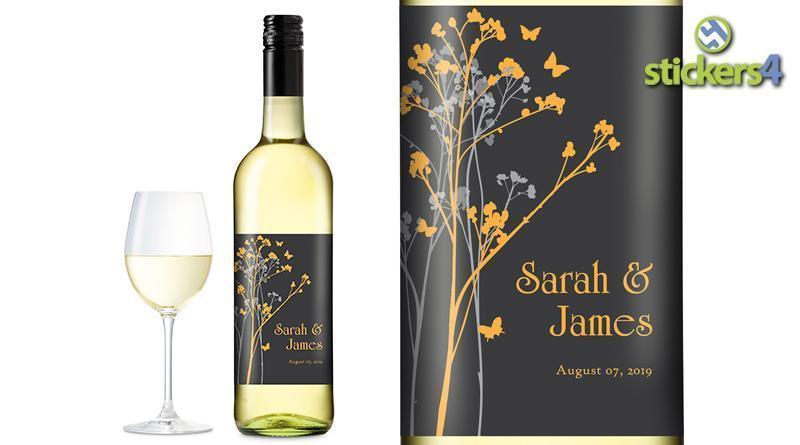 Branches & Butterflies (Dark) Custom Printed Wedding Wine Bottle Label Events