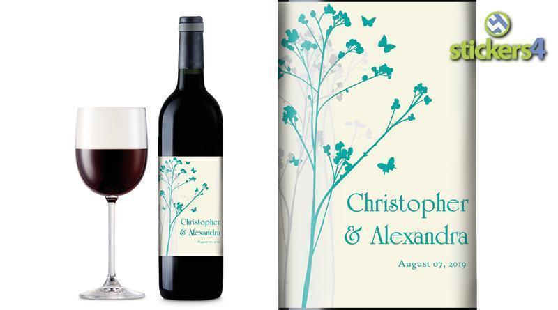 Branches &amp; Butterflies (Light) Custom Printed Wedding Wine Bottle Label Events