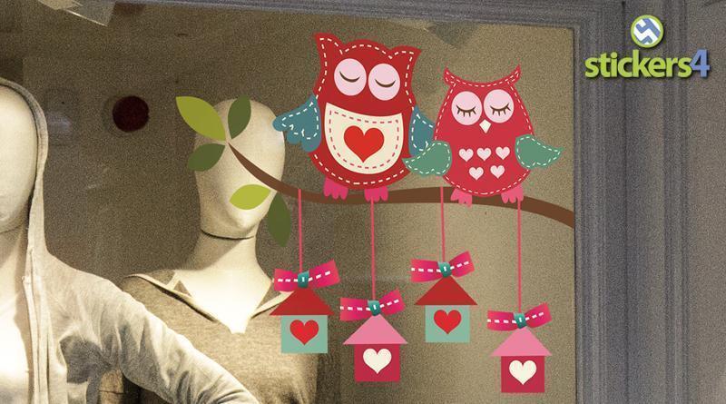 Love Owls on Branch (Right) Window Cling Valentine&#39;s Day Display