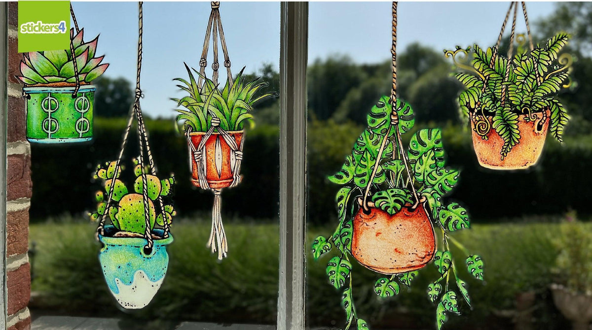 New Mk2 Version Set of 5 Illustrated Hanging Plant Stickers4 Window or Laptop Decorative Window Displays