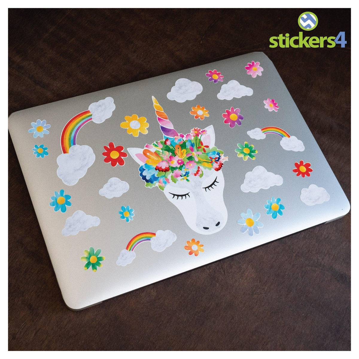 Rainbow Unicorn Laptop Sticker plus Clouds, Flowers and Rainbows Laptop Sticker