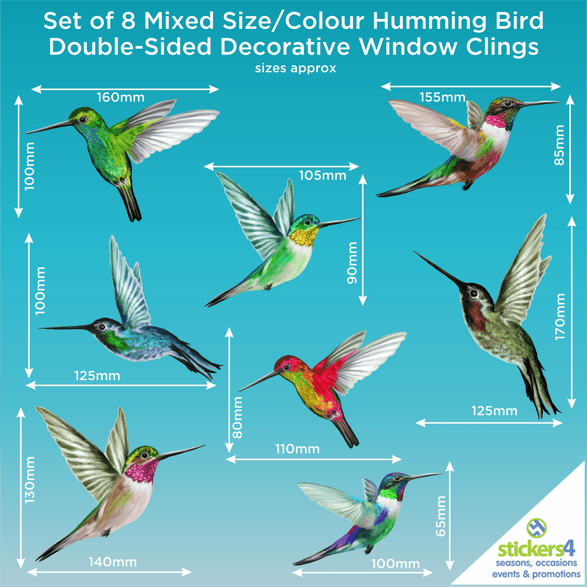 Set of 8 Mixed Size Humming Bird Window Stickers Decorative Bird Strike Prevention