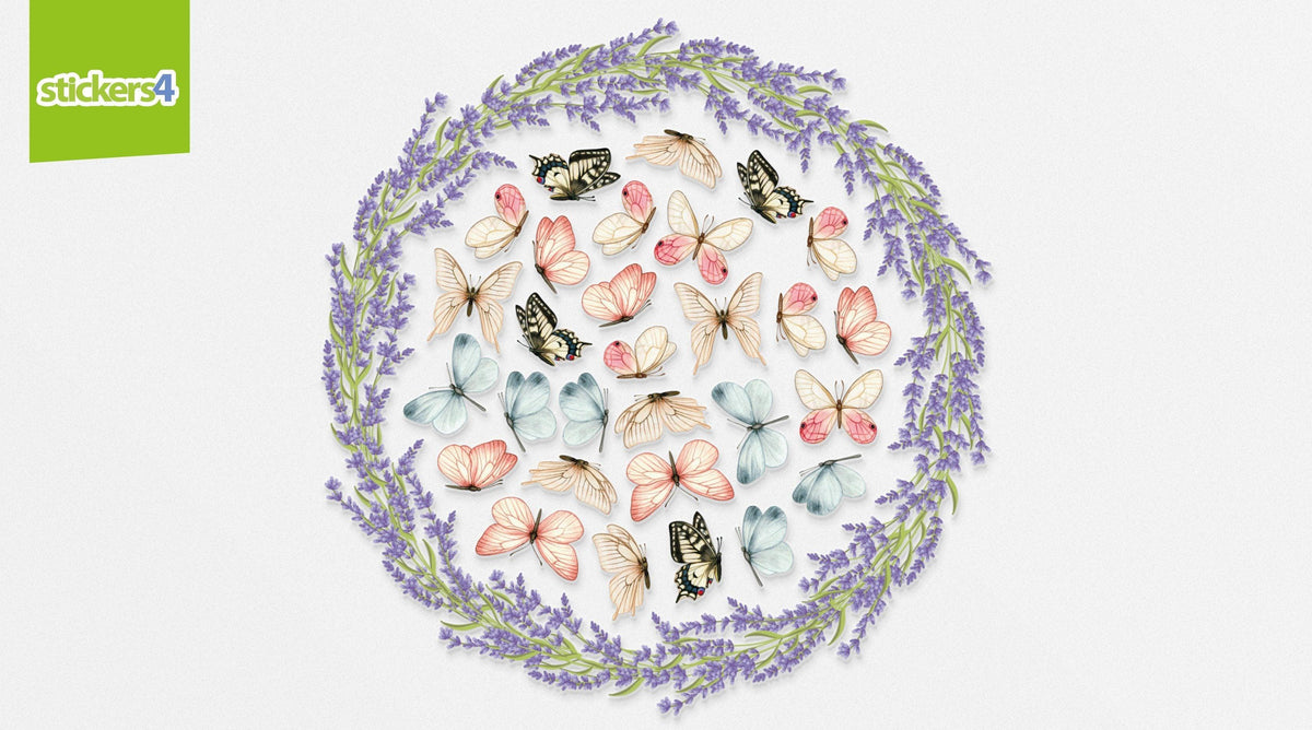 Watercolour Lavender Wreath PLUS Butterflies - DOUBLE SIDED Window Cling Stickers 
