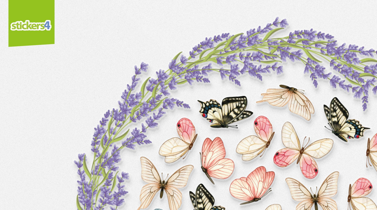 Watercolour Lavender Wreath PLUS Butterflies - DOUBLE SIDED Window Cling Stickers 